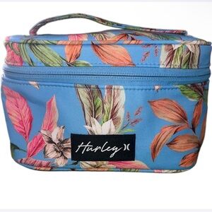 HURLEY Cosmetic Travel Train Case Makeup Bag Blue Multi Tropical Floral NWT
